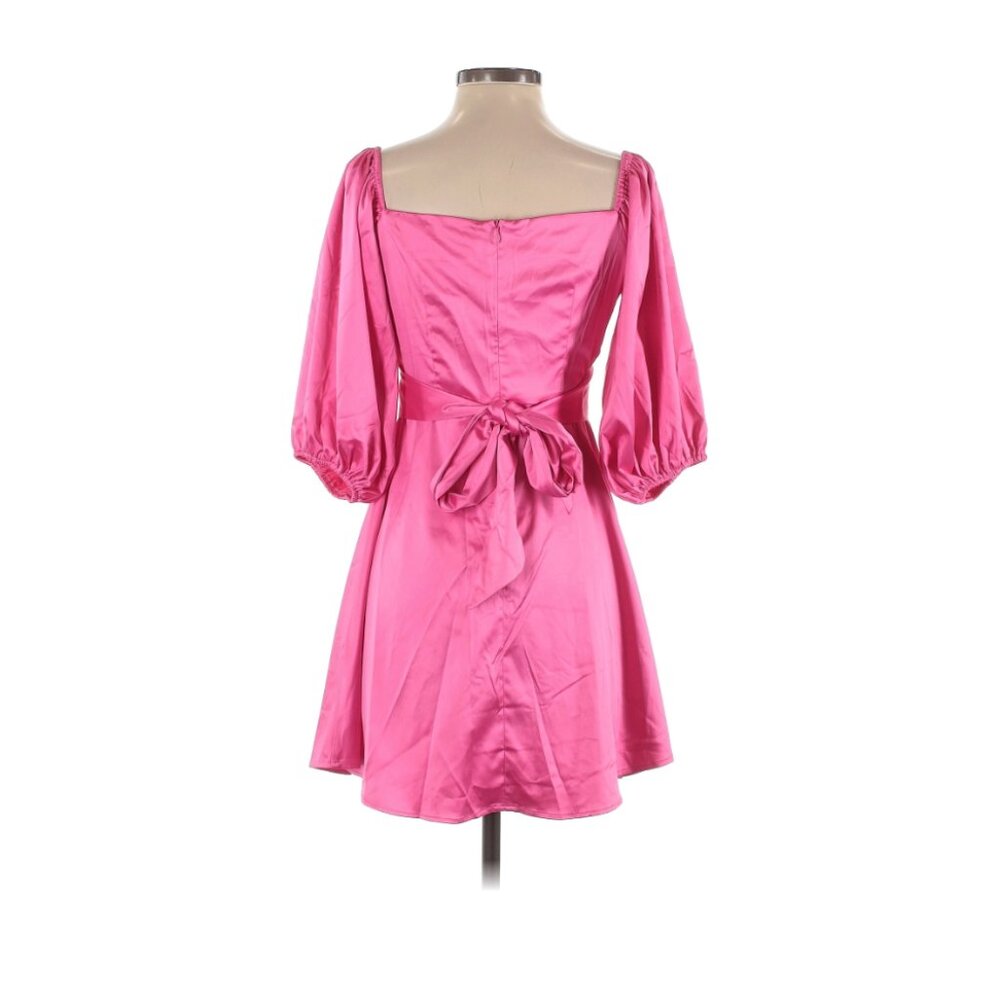 Double Crazy Hot Pink Puffed Sleeve Ruched Waist Satin Mini Dress - Size Small - Picture 4 of 8